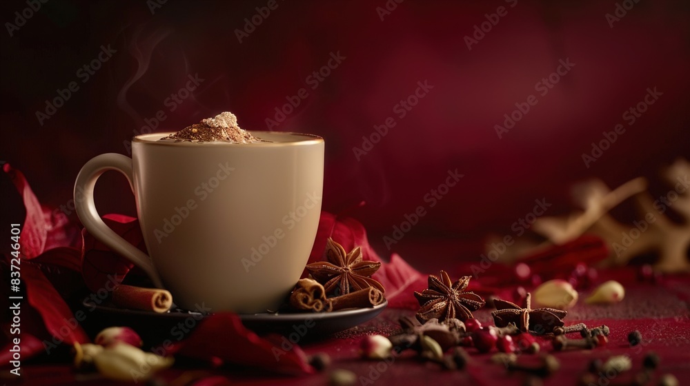Obraz premium A mug of spicy masala chai tea with aromatic spices, set against a deep maroon background, evoking the exotic flavors and warmth of Indian tea culture.
