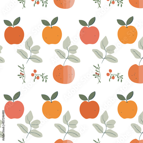 Cute simple vector of apples, oranges and herbs in a repeating pattern on a white background