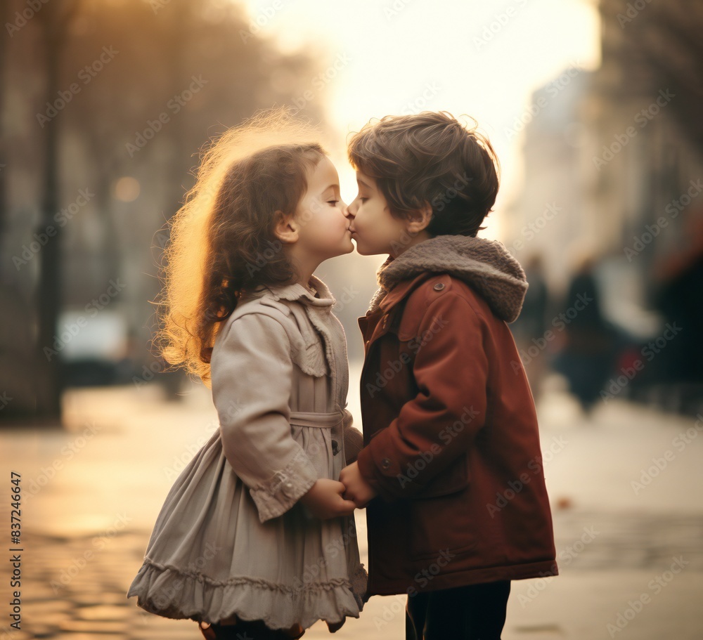 Fototapeta premium Little boy kiss small girl friend. portrait children kissing, boy, girl. Family love and trust