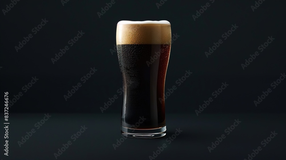 A pint of creamy and smooth nitro coffee stout beer, set against a sleek black background, capturing the indulgent and velvety qualities of the popular coffee-infused brew. A pint of creamy and smooth nitro coffee stout beer, set against a sleek black background, capturing the indulgent and velvety qualities of the popular coffee-infused brew.