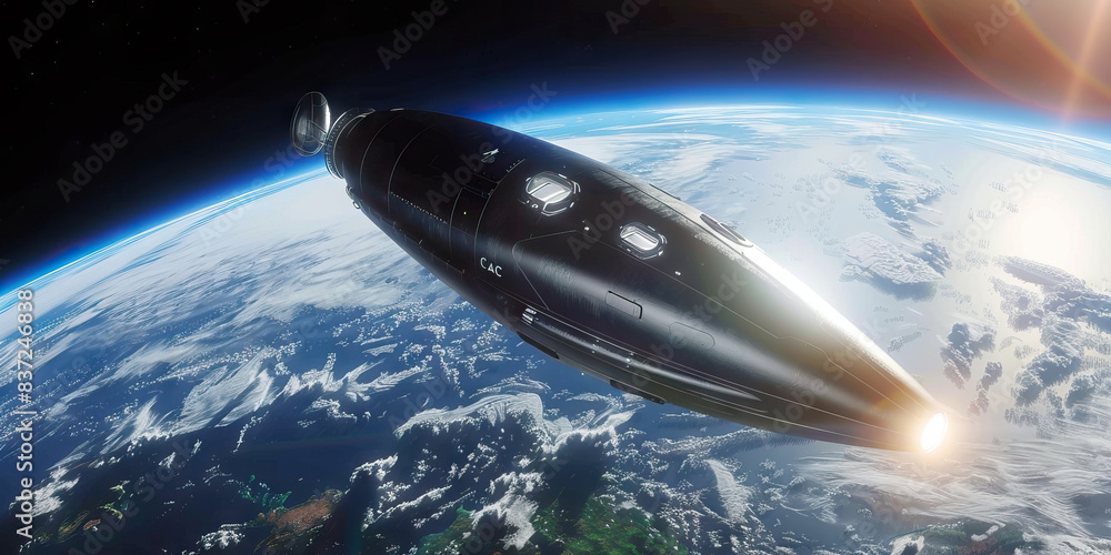 A spaceship orbits Earth, its sleek silver surface reflecting light A spaceship orbits Earth, its sleek silver surface reflecting light