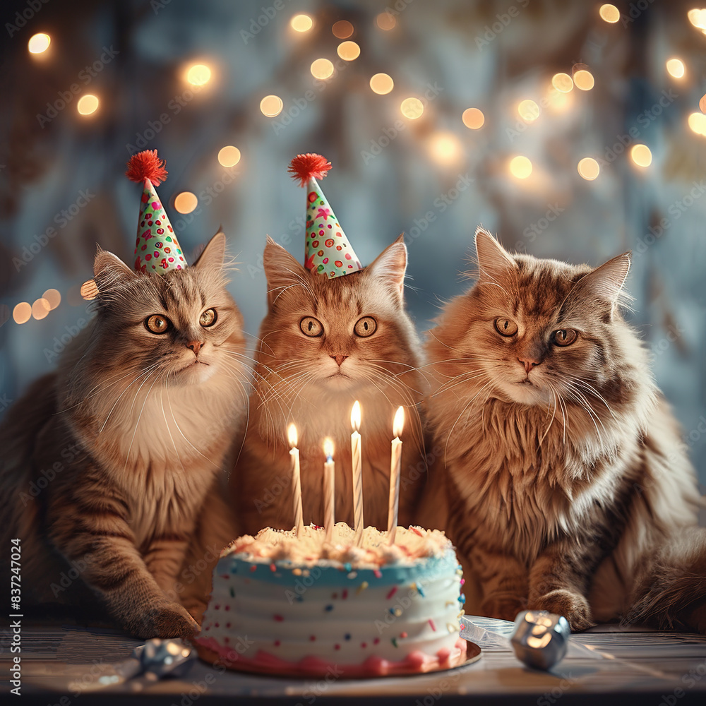Three cats in birthday hats in front of a birthday cake Three cats in birthday hats in front of a birthday cake