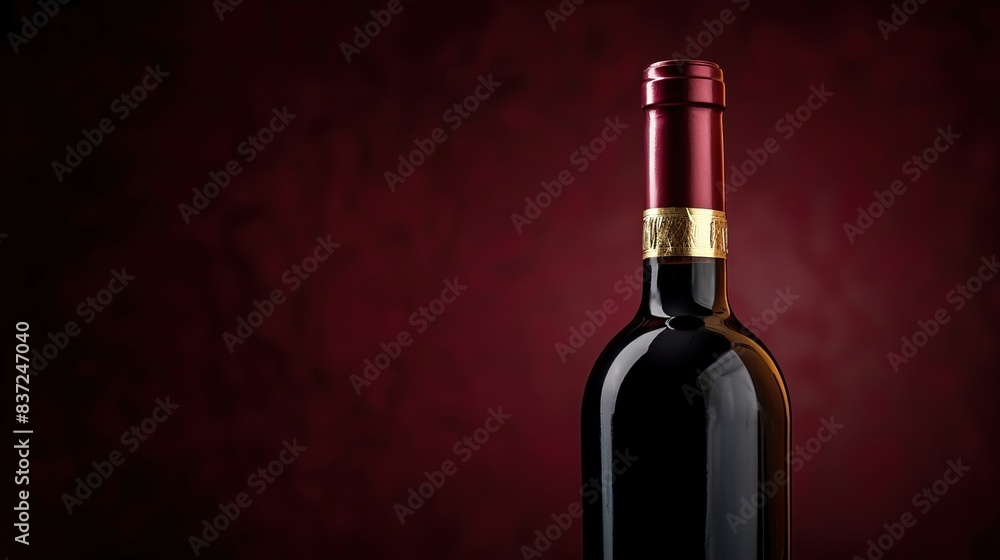 A premium wine bottle with a golden foil seal, against a rich maroon background, exuding luxury and opulence. A premium wine bottle with a golden foil seal, against a rich maroon background, exuding luxury and opulence.