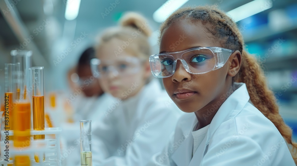A group of children wearing lab coats and goggles are looking at a table full of beakers and test tubes A group of children wearing lab coats and goggles are looking at a table full of beakers and test tubes