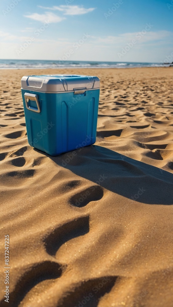 Beach scene, blue cooler on golden sand, sunny skies, and ocean. Beach scene, blue cooler on golden sand, sunny skies, and ocean.