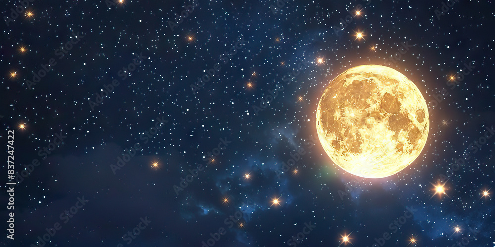 The stars twinkle brightly above as a full moon rises, illuminating the night with its ethereal glow The stars twinkle brightly above as a full moon rises, illuminating the night with its ethereal glow