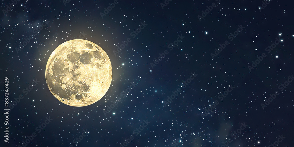 The stars twinkle brightly above as a full moon rises, illuminating the night with its ethereal glow The stars twinkle brightly above as a full moon rises, illuminating the night with its ethereal glow