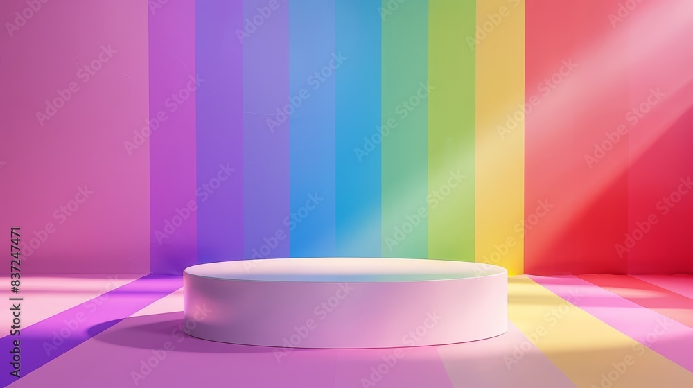 Empty white podium on rainbow flag background with spotlight for product display presentation, pride month theme, close up, celebration theme, vibrant, overlay, event stage backdrop Empty white podium on rainbow flag background with spotlight for product display presentation, pride month theme, close up, celebration theme, vibrant, overlay, event stage backdrop