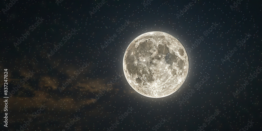 Fototapeta premium The stars twinkle brightly above as a full moon rises, illuminating the night with its ethereal glow