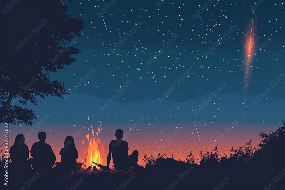 A group of people sitting around a campfire at night, sharing stories and enjoying the outdoors A group of people sitting around a campfire at night, sharing stories and enjoying the outdoors