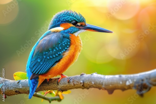 Colorful bird sitting on a tree branch, surrounded by leaves and branches