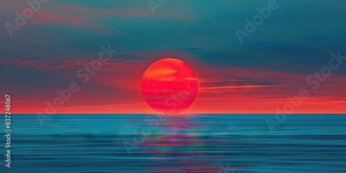 A vibrant red sun dips below the horizon  casting a warm hue across the sky