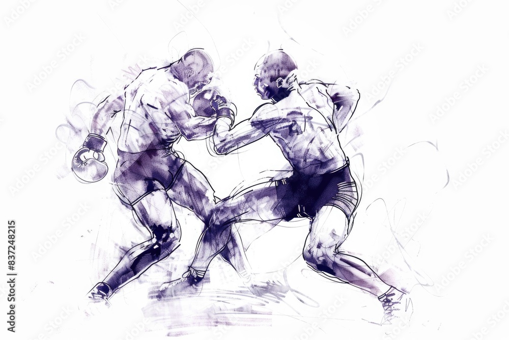 Two boxers engaging in a fierce fight with fists flying Two boxers engaging in a fierce fight with fists flying