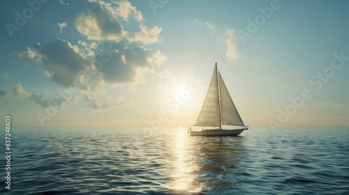 A sailboat sailing on calm waters during sunset
