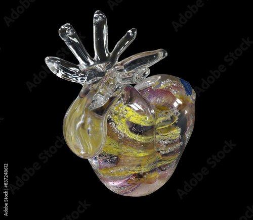 Hand blown Swedish glass scultpure of a moose (Älg) with yellow and purple colouring and bubbles. Focus stacked with a black backdrop. photo