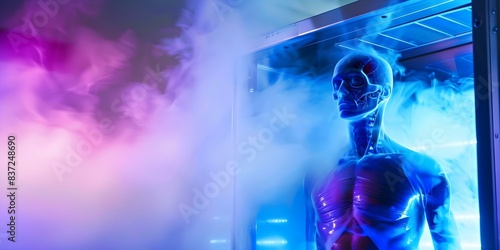 Close-up Image of Human Body Preserved in Cryogenic Chamber with Liquid Nitrogen. Concept Cryogenic Preservation, Human Body, Liquid Nitrogen, Close-up Image photo