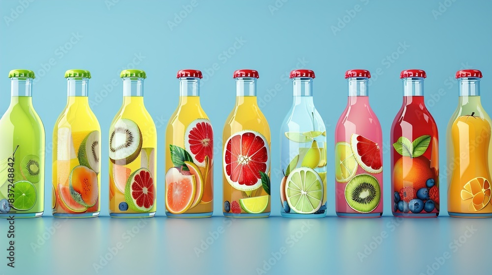 A row of chilled fruit juice bottles . A row of chilled fruit juice bottles .