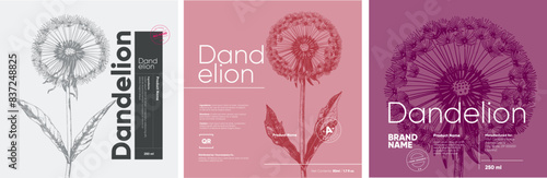 Elegant and minimalist label design for a Dandelion brand, featuring botanical illustrations in an engraving style with a monochrome palette, emphasizing organic and natural qualities.