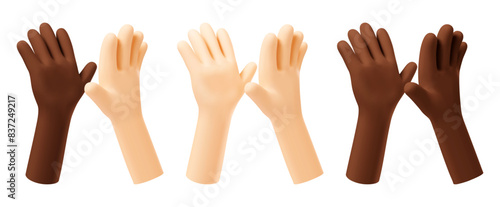 Two 3d realistic hands giving high five. Greetings gesture, concept of friendship, togetherness, success communication, good teamwork, agreement, congratulation with great deal. Vector illustration
