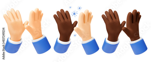 Two 3d realistic hands giving high five. Greetings gesture, concept of friendship, togetherness, success communication, good teamwork, agreement, congratulation with great deal. Vector illustration