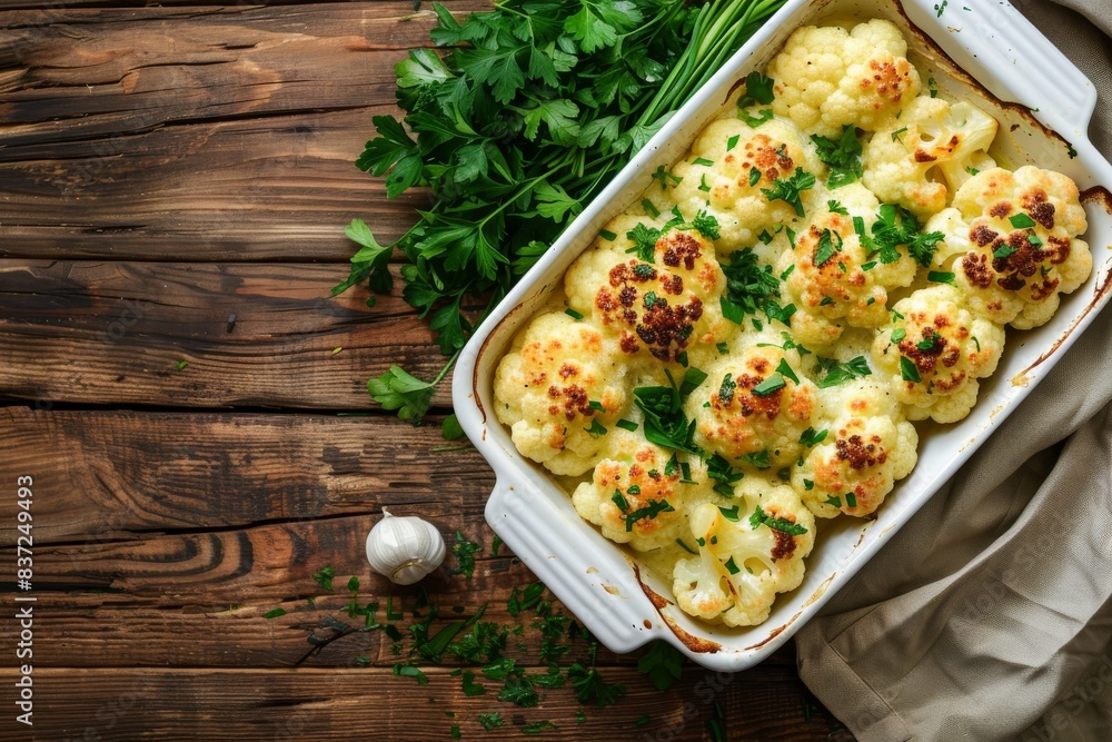 Baked cauliflower with herbs in white ceramic tray on rustic wooden background table, top view. Vegetarian healthy food, clean eating concept . Baked cauliflower with herbs in white ceramic tray on rustic wooden background table, top view. Vegetarian healthy food, clean eating concept .