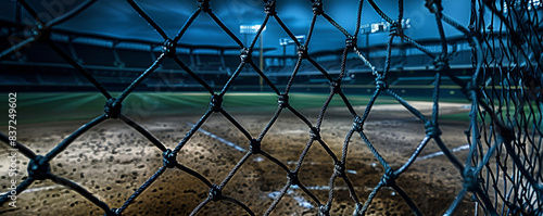 Close-up view of the batting cage in an empty baseball stadium at night, focusing on the netting and surrounding area, with the dark, empty field in the background for copy space.
