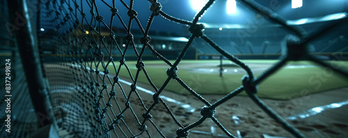 Close-up view of the batting cage in an empty baseball stadium at night, focusing on the netting and surrounding area, with the dark, empty field in the background for copy space. photo