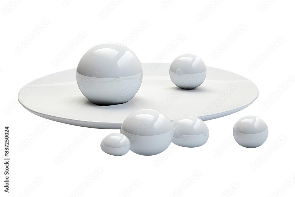 A group of white spheres of different sizes sit on a white oval platform. The spheres are smooth and reflective. A group of white spheres of different sizes sit on a white oval platform. The spheres are smooth and reflective.