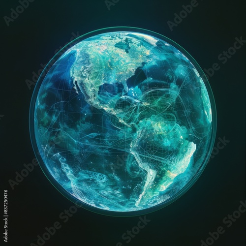 Vibrant holographic climate change data projected onto a globe in shades of Tanager Turquoise, Teal Blue, and Kelly Green. Ultimate environmental awareness.