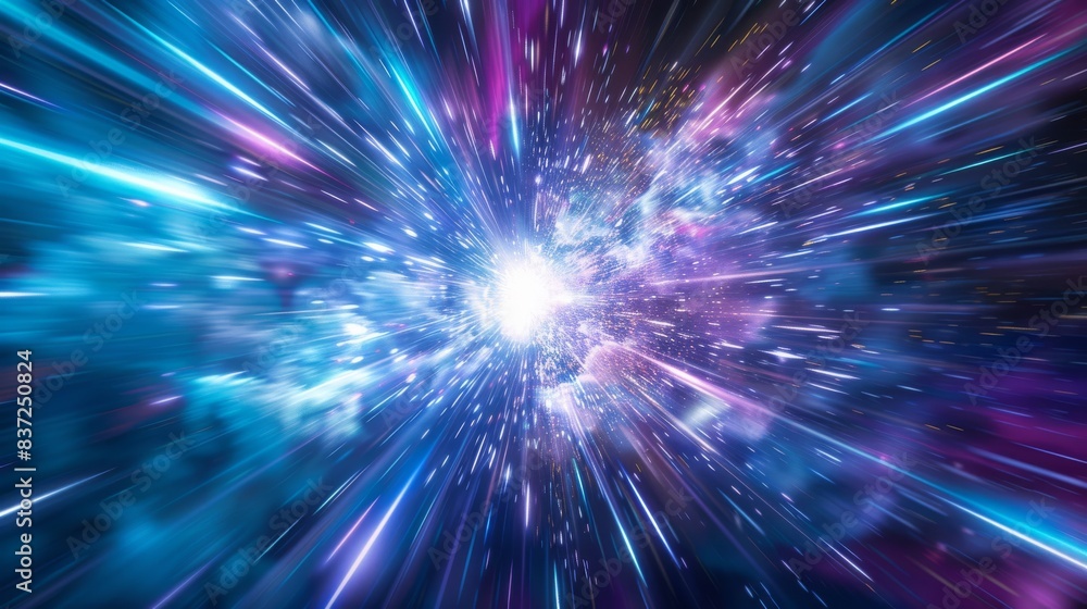 Futuristic warp speed effect with vibrant blue and purple light streaks converging towards a central bright point. Futuristic warp speed effect with vibrant blue and purple light streaks converging towards a central bright point.