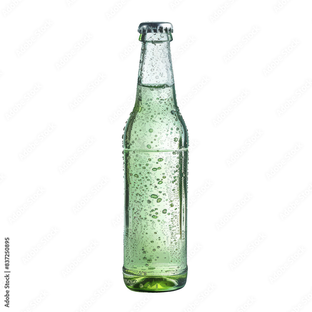 A clear glass bottle with fizzy carbonated beverage, isolated on a white background, showcasing bubbles and condensation. A clear glass bottle with fizzy carbonated beverage, isolated on a white background, showcasing bubbles and condensation.