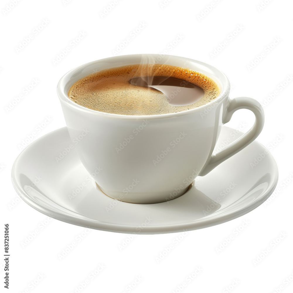 A steaming cup of fresh coffee in a white porcelain cup and saucer, against a white background, ideal for coffee-related content and advertisements. A steaming cup of fresh coffee in a white porcelain cup and saucer, against a white background, ideal for coffee-related content and advertisements.