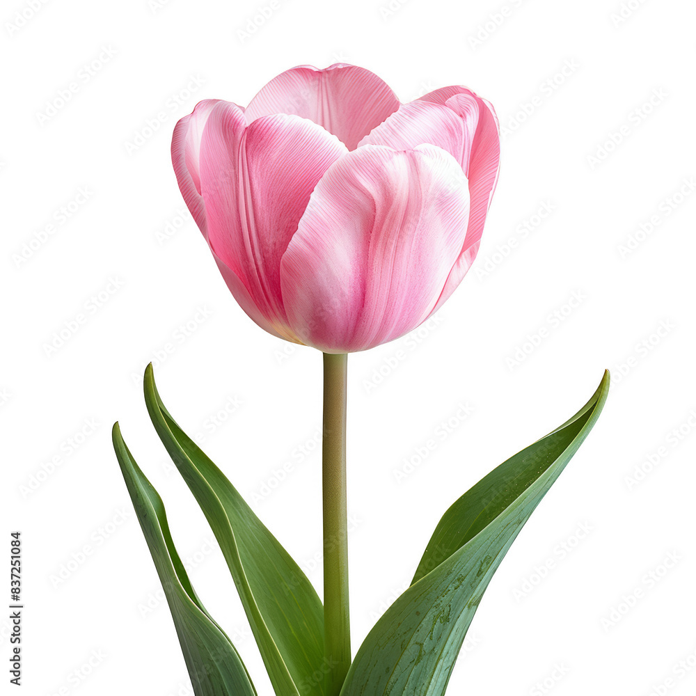 A vibrant pink tulip in full bloom, displaying its delicate petals and green leaves. A perfect representation of springtime beauty. A vibrant pink tulip in full bloom, displaying its delicate petals and green leaves. A perfect representation of springtime beauty.