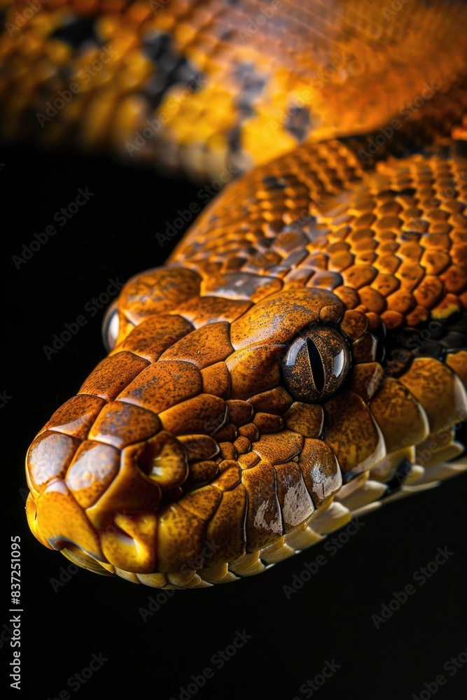 Fototapeta premium Close-up image of a snake's head on a dark background, ideal for use in science and nature publications