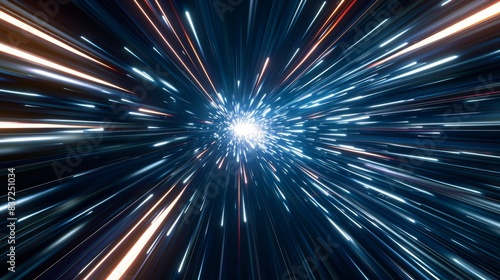 High-speed warp tunnel with bright white streaks against a dark galactic backdrop, conveying incredible velocity and movement.