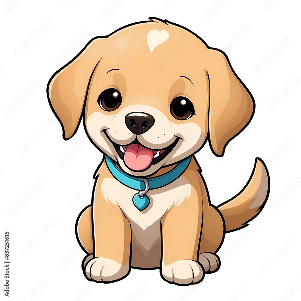Cute Childish Kawaii Labrador Dog Character Sticker with Big Smile and Warm Golden Fur, Tongue Sticking Out and Big Round Eyes, Thick Black Outline, Generative AI.