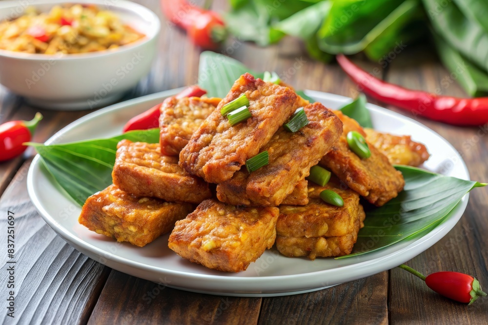 Tempeh, Tempe Goreng or Fried tempeh is Indonesia traditional food, made from fermented soybean seeds. Tempeh, Tempe Goreng or Fried tempeh is Indonesia traditional food, made from fermented soybean seeds.