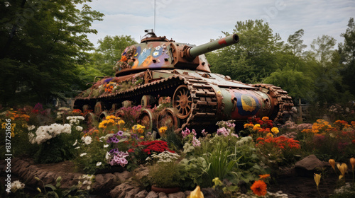 Decorated old tank amidst flowering garden in daylight