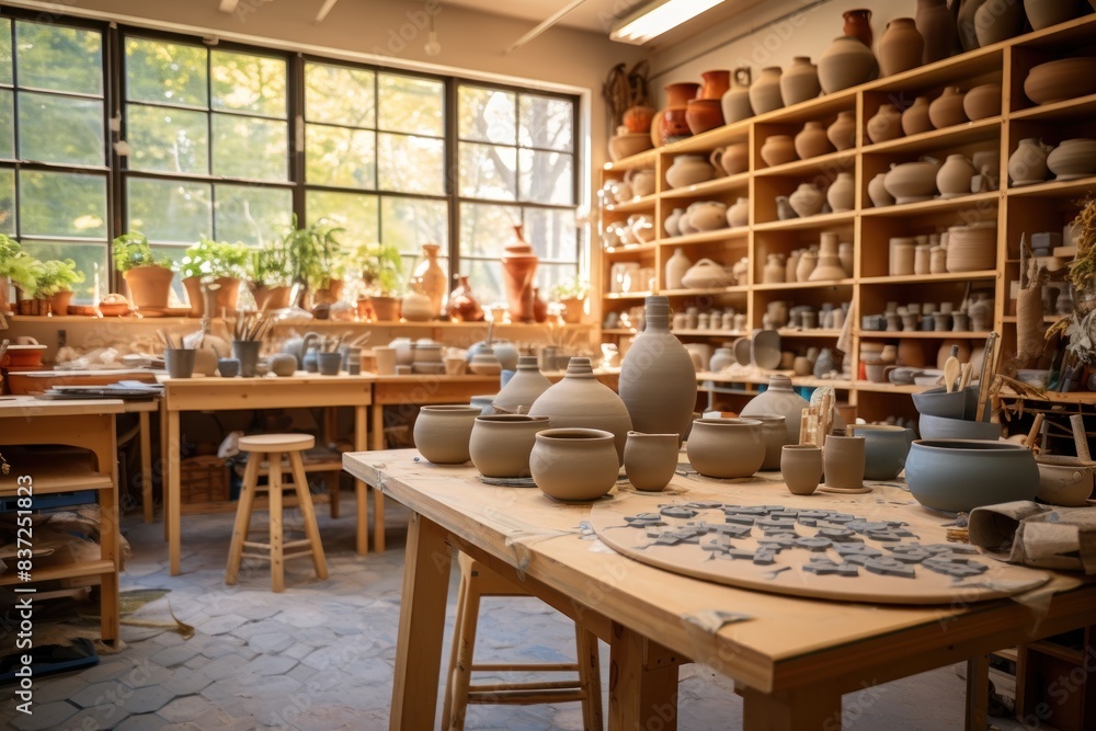 Bright ceramics studio with various pottery pieces on shelves