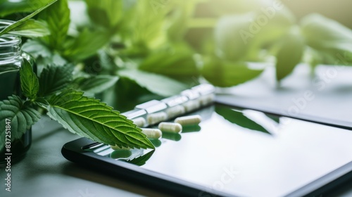 Close up of natural remedy leaves and health application on tablet photo