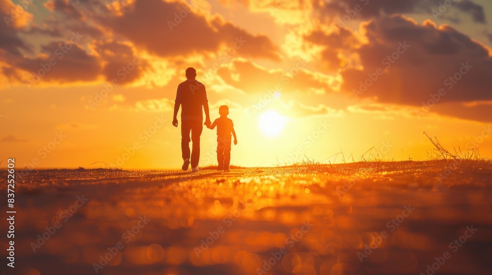Fototapeta premium A father and child walking together, enjoying the warm sunlight