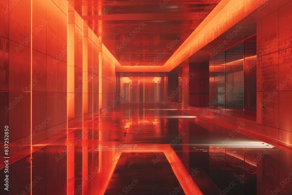 A dimly lit hallway with a single red light source, ideal for use in crime scenes or suspenseful settings A dimly lit hallway with a single red light source, ideal for use in crime scenes or suspenseful settings