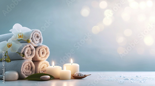 Beauty treatment items for spa procedures, massage,  aromatic candles. Zen atmosphere with copy space for text or logo	 photo