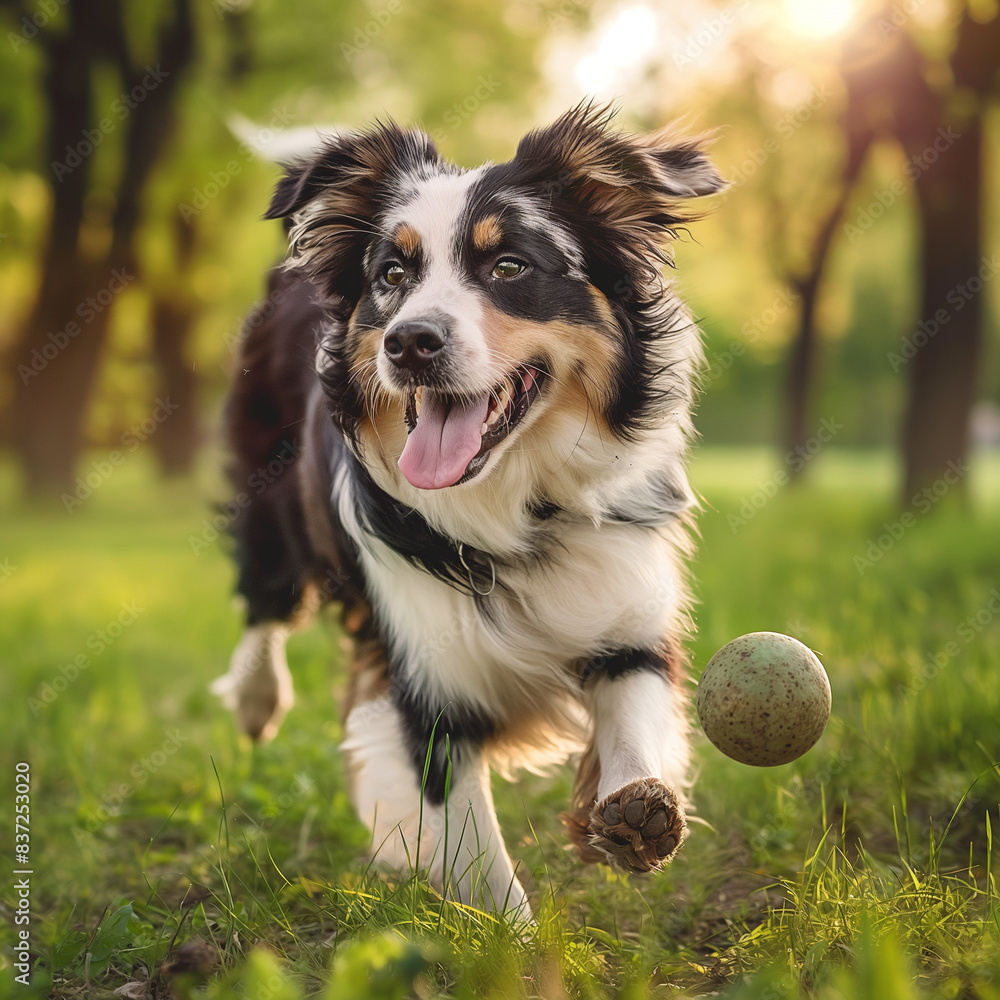 A dog is running across the field, holding a ball in its mouth A dog is running across the field, holding a ball in its mouth