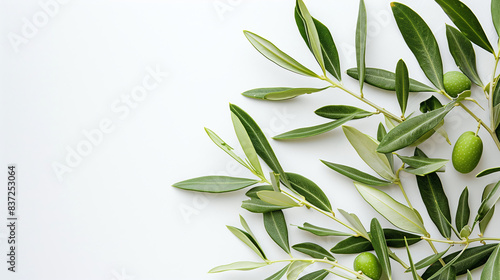 Branch with olives and leaves on white background close up. Healthy olive oil concept. Top view, copy space, for product or logo, banner concept.