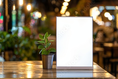 Plant and menu display in a restaurant setting photo