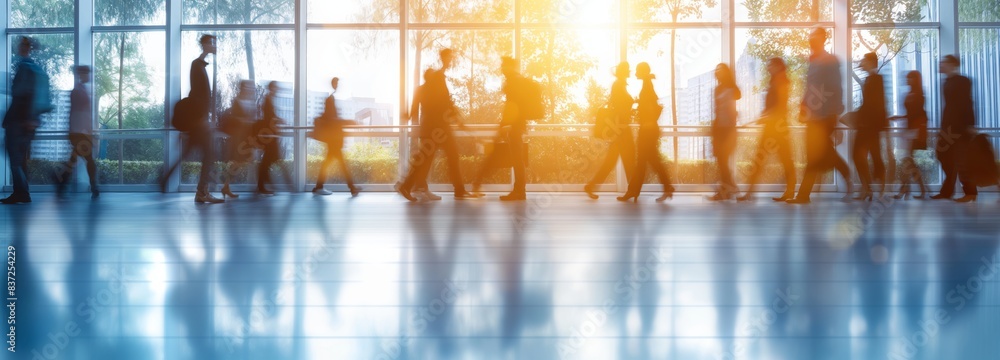 Blurred motion image of people walking in a modern airport terminal at ...