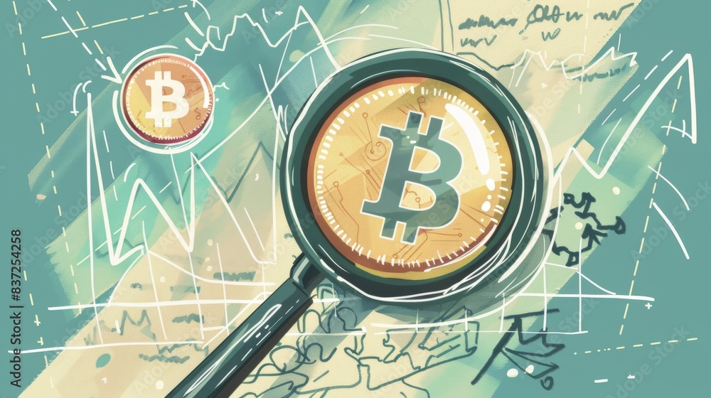 Fototapeta premium The image shows a magnifying glass over a bitcoin.
