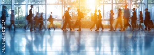 Blurred motion image of people walking in a modern airport terminal at sunset, capturing the dynamic hustle and bustle of travel and business.