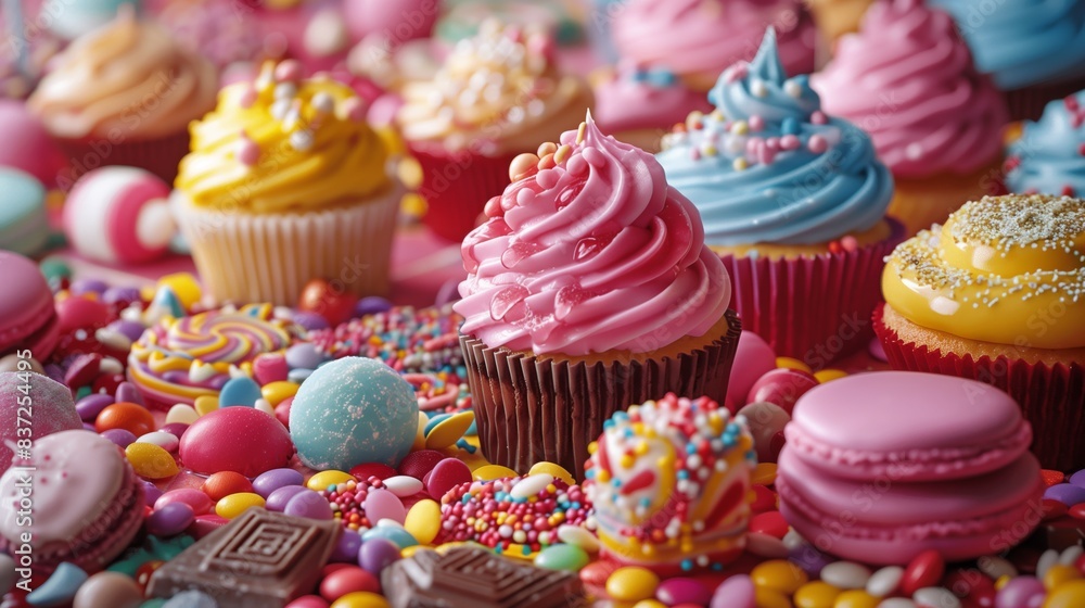 Colorful cupcakes, macarons and candies on the table. Colorful cupcakes, macarons and candies on the table.